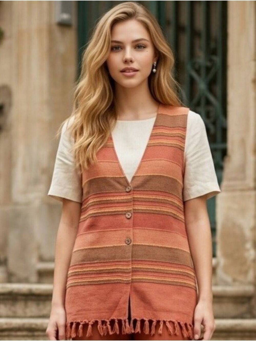 Dorost Jr.com Rust Brown Striped Button Vest Fringe Hem Medium #JAC24